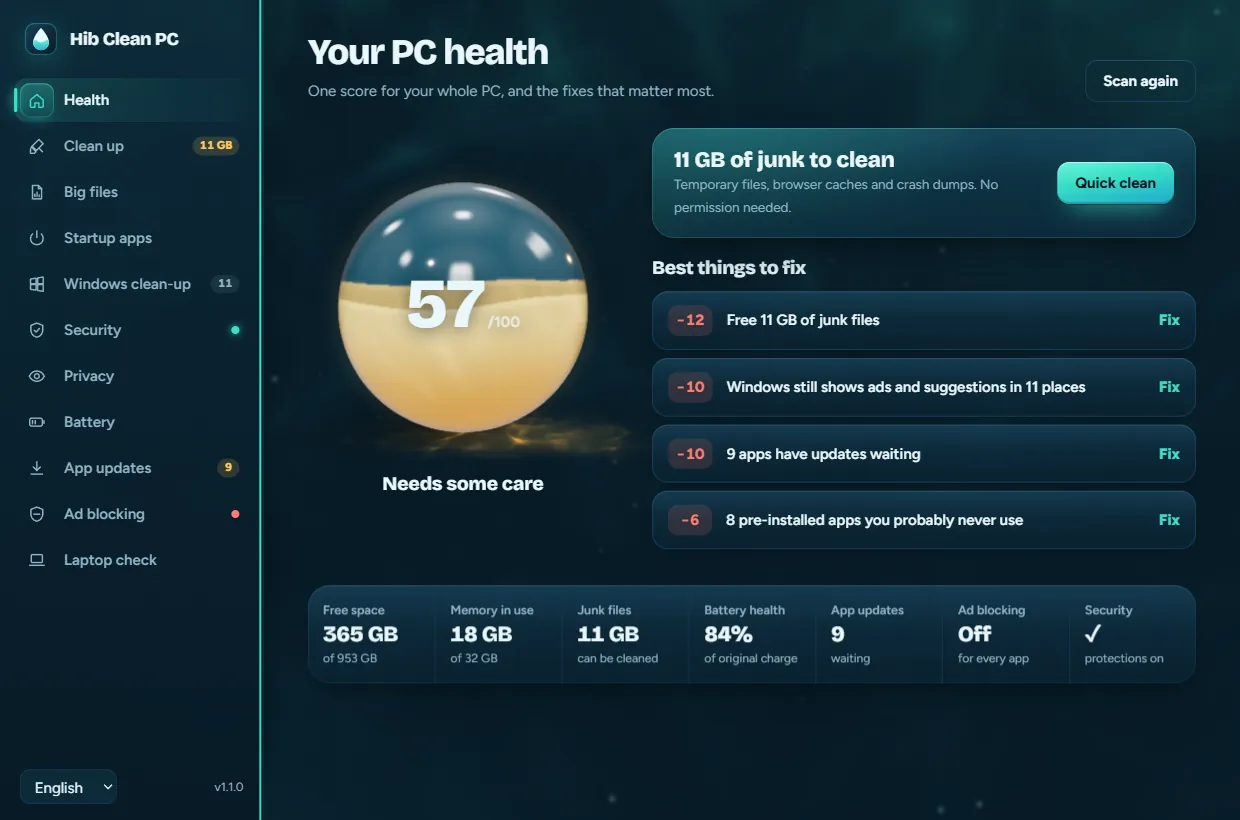 Health screen: a score of 57 out of 100, the fixes that help most and tiles for free space, memory, junk files, battery health, updates, ad blocking and security